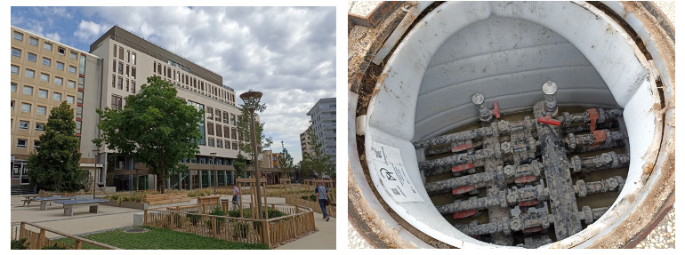 Bâtiment de la Fondation la Mâche et nourrices des sondes géothermiques